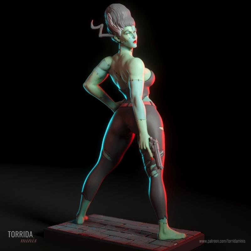 Female figure with green skin, stitches, and a high-rise hairstyle, holding a handgun and posing with hand on hip. We...