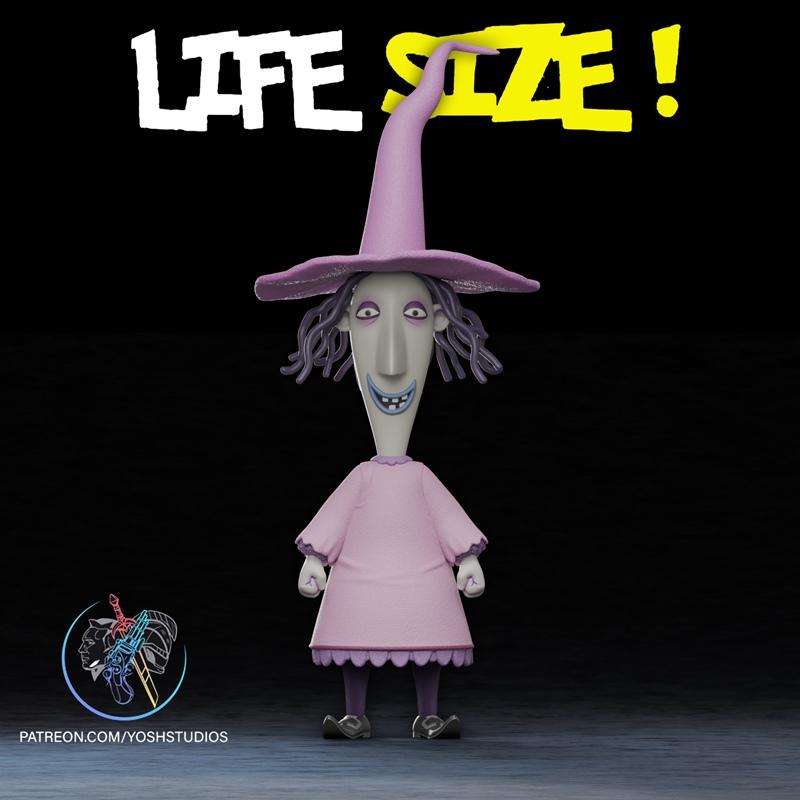 Life-size 3D model of Shock from The Nightmare Before Christmas, wearing a purple witch hat and dress, with a wide gr...