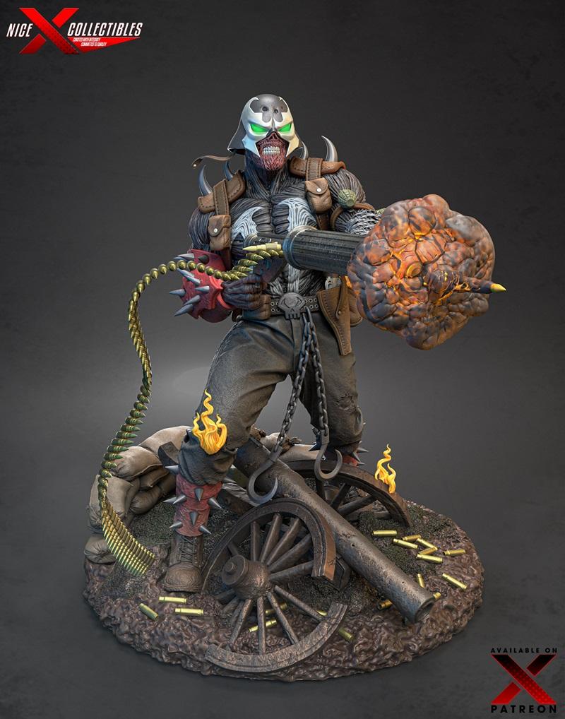 Spawn figure in WWII-themed diorama with gatling gun, cannon, and ammo belt. Fiery effects on weapon and leg accents....