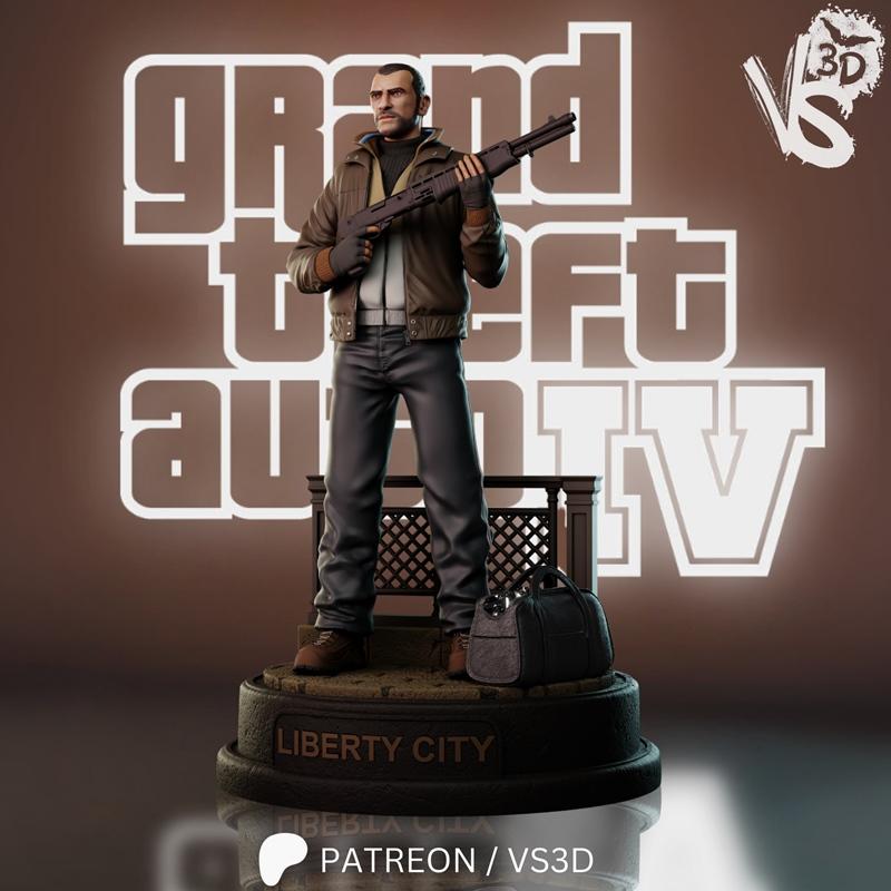 3D model figure of Nico Bellic from Grand Theft Auto IV, holding a shotgun and standing on a Liberty City base, with...
