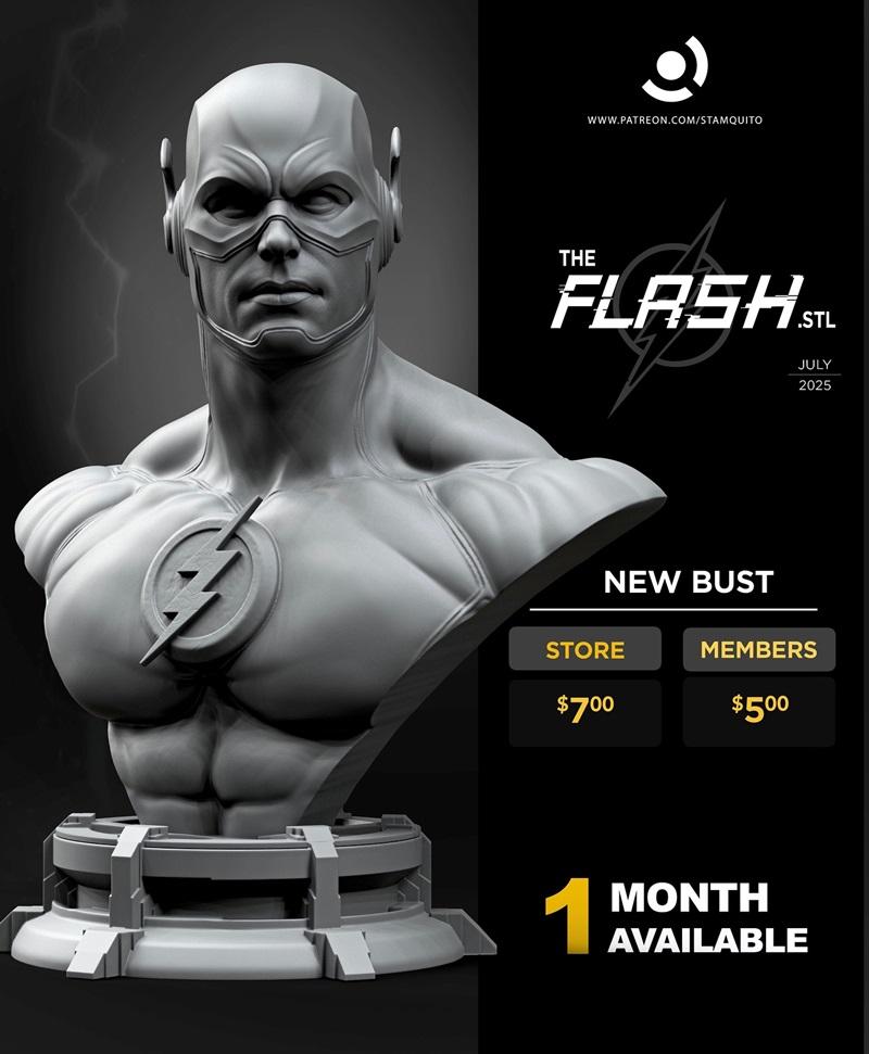 3D printable bust of The Flash, featuring his iconic cowl, mask, and lightning bolt emblem on a muscular chest, displ...