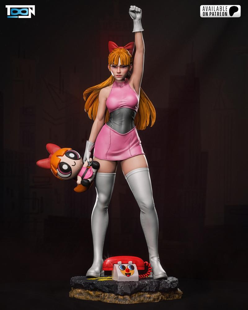 Toon Studios 3D model of Blossom from The Powerpuff Girls, standing heroically with one fist raised, holding a plush...