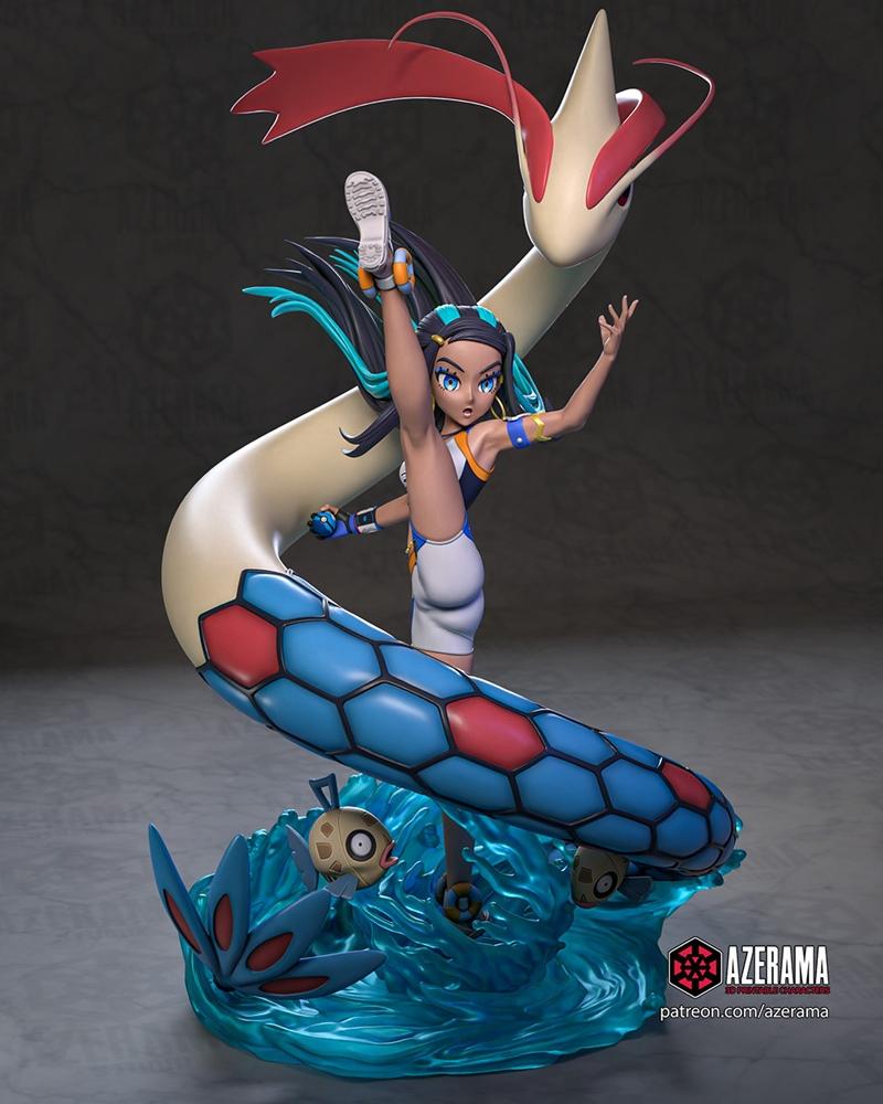 Nessa from Pokemon in a dynamic pose with Milotic and Magikarp figures, sculpted by Azerama.