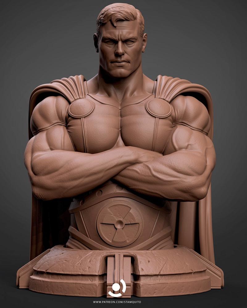 Stayln Quitto 3D model bust of Superman, arms crossed, muscular physique, wearing cape and stylized belt emblem.