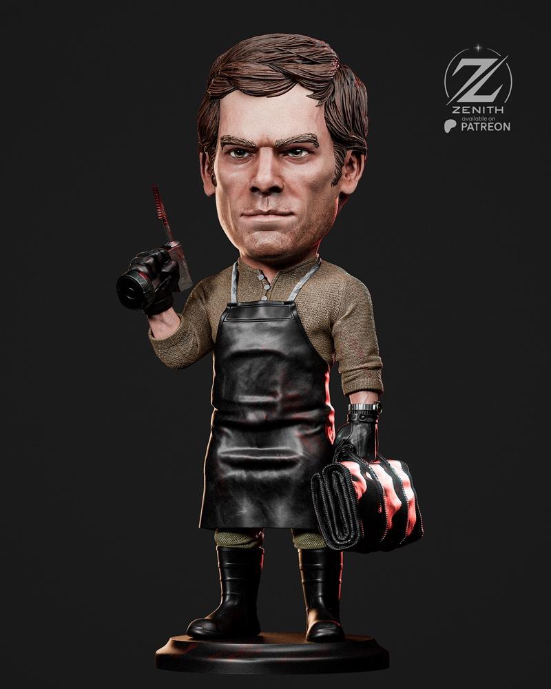 Chibi Dexter Morgan 3D model from Zenith Studios, holding a bloody knife and a rolled bag, wearing a leather apron ov...