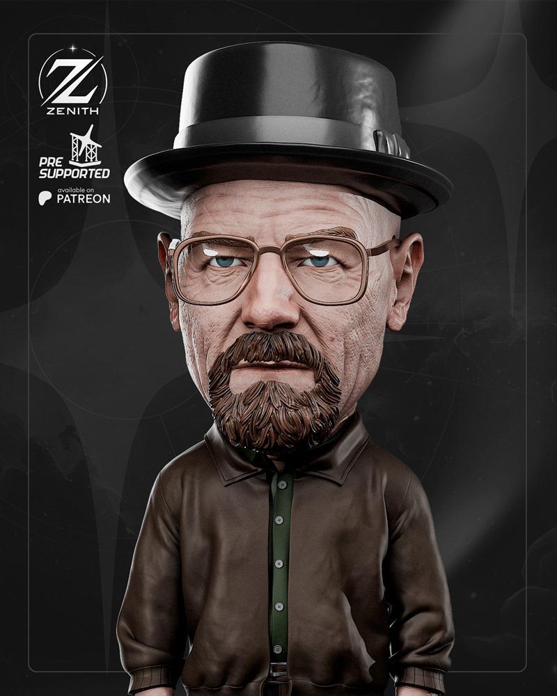 Chibi 3D model of Walter White from Breaking Bad, wearing a black hat, glasses, and a brown jacket over a green shirt...