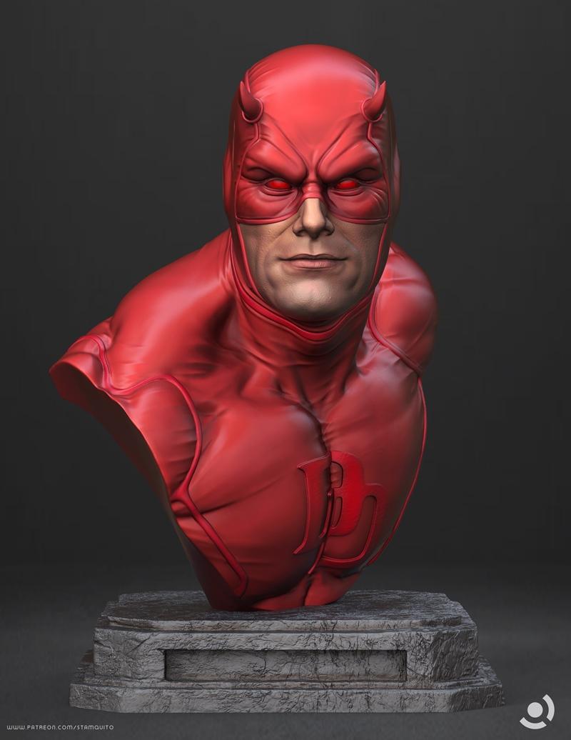 3D printable bust of Daredevil in a red suit with horns and mask, glowing red eyes, and a DD emblem on the chest, dis...