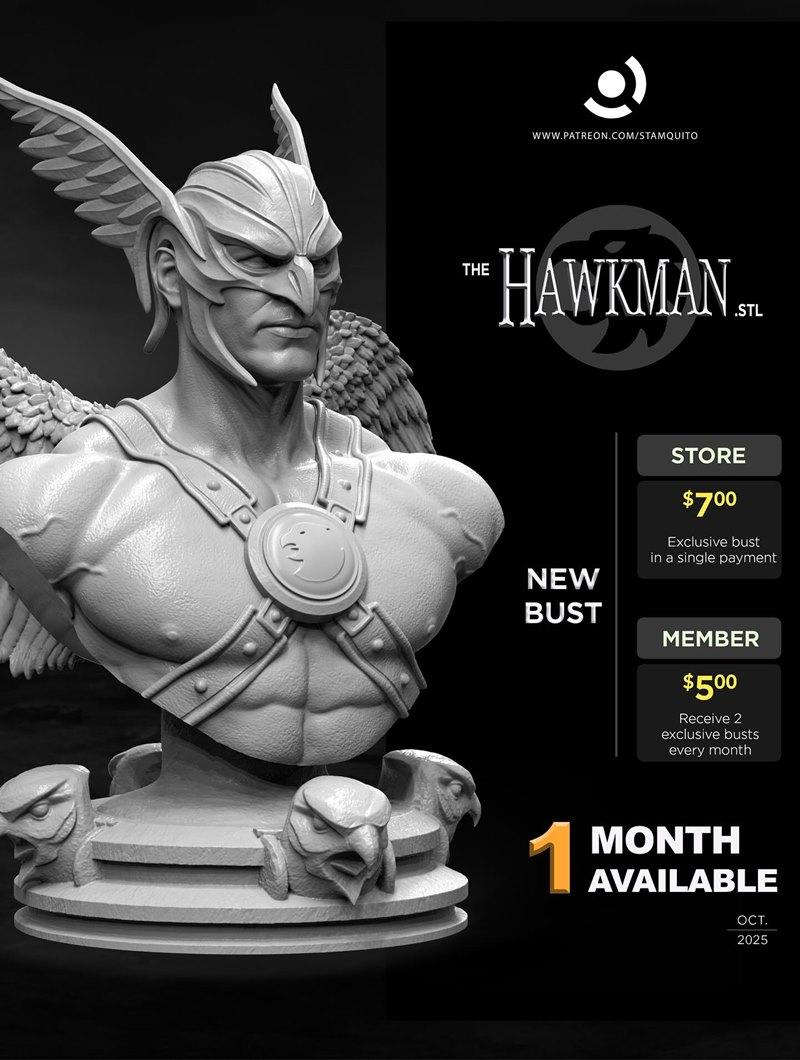 Stalyn Quito's Hawkman bust 3D model, featuring a winged helmet, muscular chest, and avian-themed base.