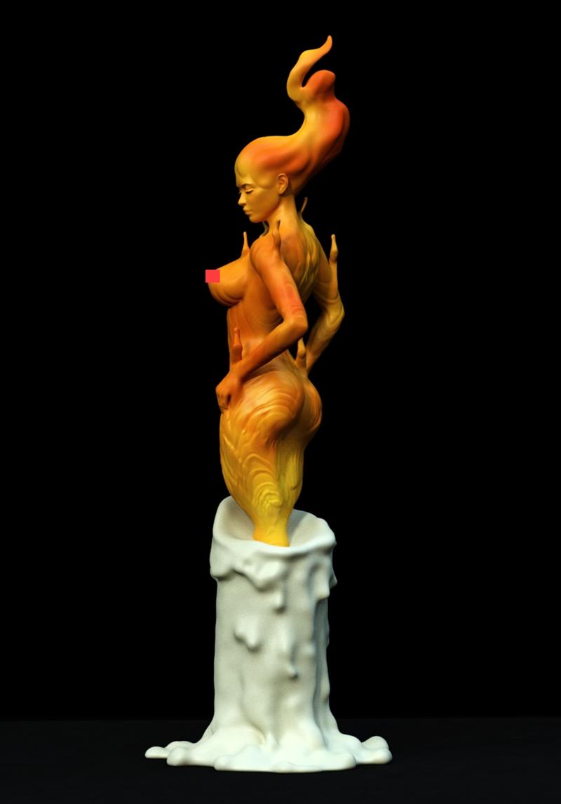 3D model of a female figure with flame-like hair and body, emerging from a white candle base. The figure is rendered...