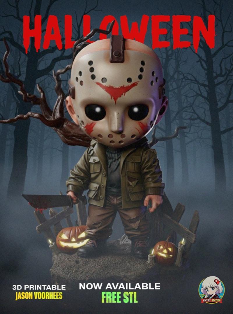 Chibi Jason Voorhees 3D printable figure holding a machete, wearing a hockey mask and tattered clothes, with carved p...