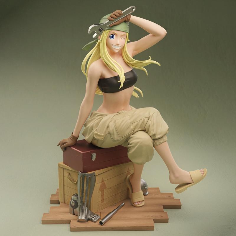 3D model of Winry Rockbell from Fullmetal Alchemist, sitting on toolboxes with a wrench above her head, wearing a gre...