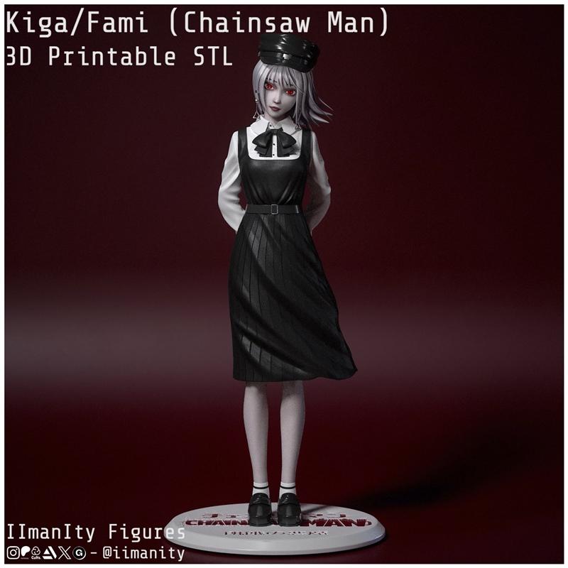 3D printable STL figure of Fami from Chainsaw Man, wearing a black pinafore dress, white blouse, and cap. She has red...