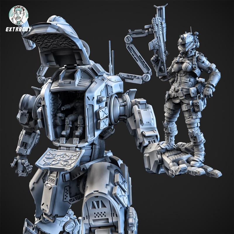 Detailed 3D model of a large mech with an open cockpit and a separate soldier figure holding a rifle. Sci-fi, futuris...