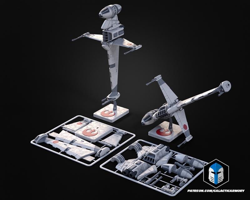 3D printable model kit of Star Wars B-Wing starfighter, with unassembled parts on sprues and two completed models on...