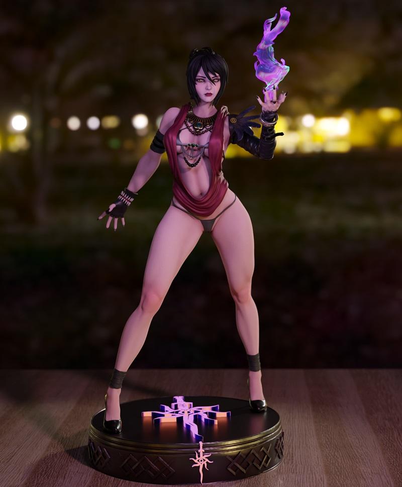 Morrigan from Dragon Age, a female sorceress figure by Momoji, stands with a magical aura in her left hand, wearing a...