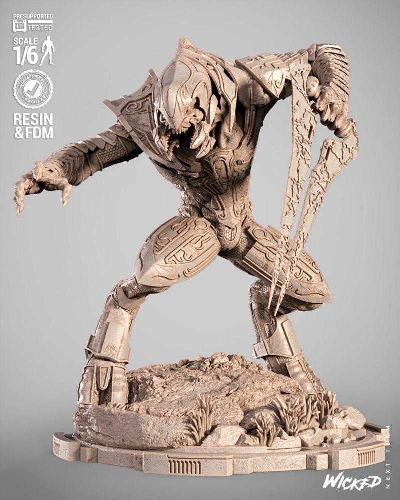 The Arbiter from Halo in a dynamic pose, holding an energy sword, wearing detailed alien armor, on a rocky base. 1/6...