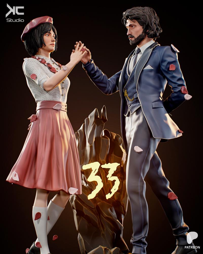 Couple dancing, man in dark blue suit, woman in pink skirt and beret, rose petals scattered around, central rock with...