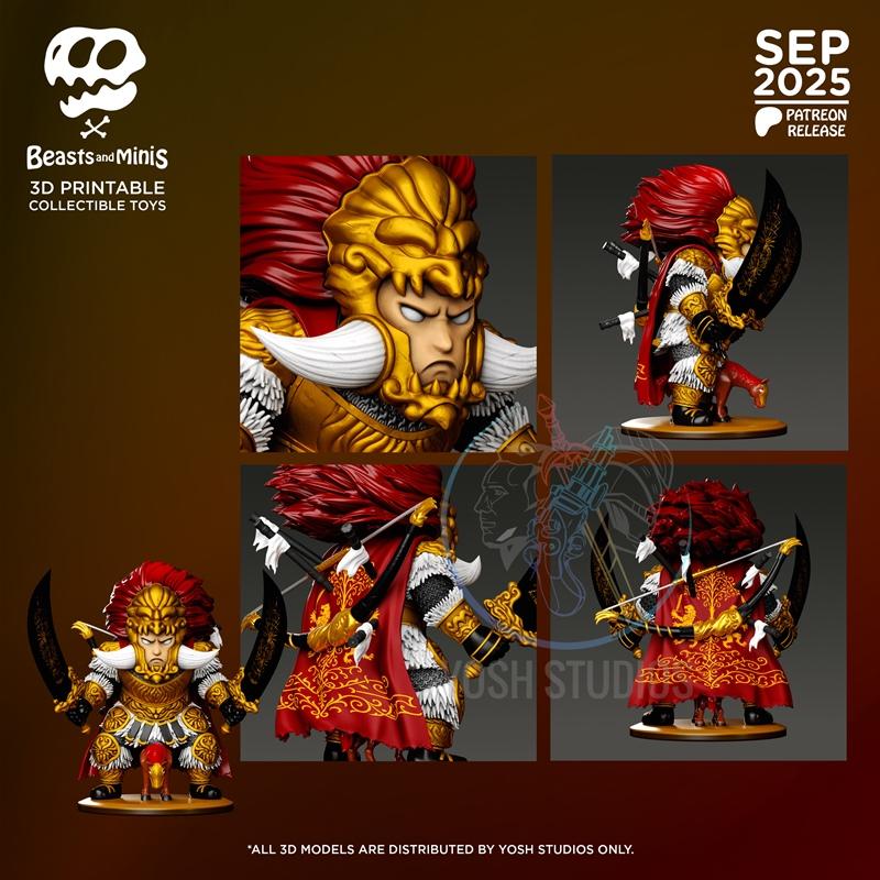 Chibi-style 3D model of Radahn from Elden Ring, wearing ornate gold and red armor with large horns and a red mane, ho...