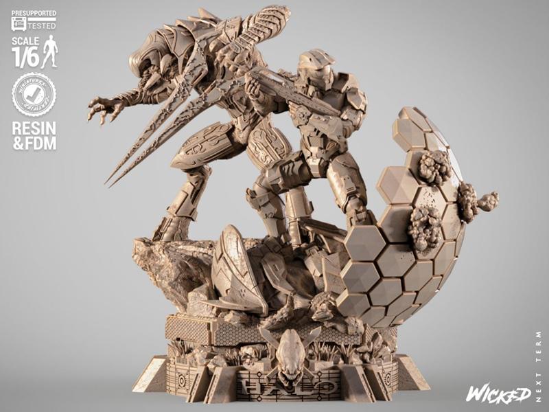 1/6 scale 3D print diorama of Master Chief fighting an Elite alien from Halo, with hexagonal structures and rocky ter...