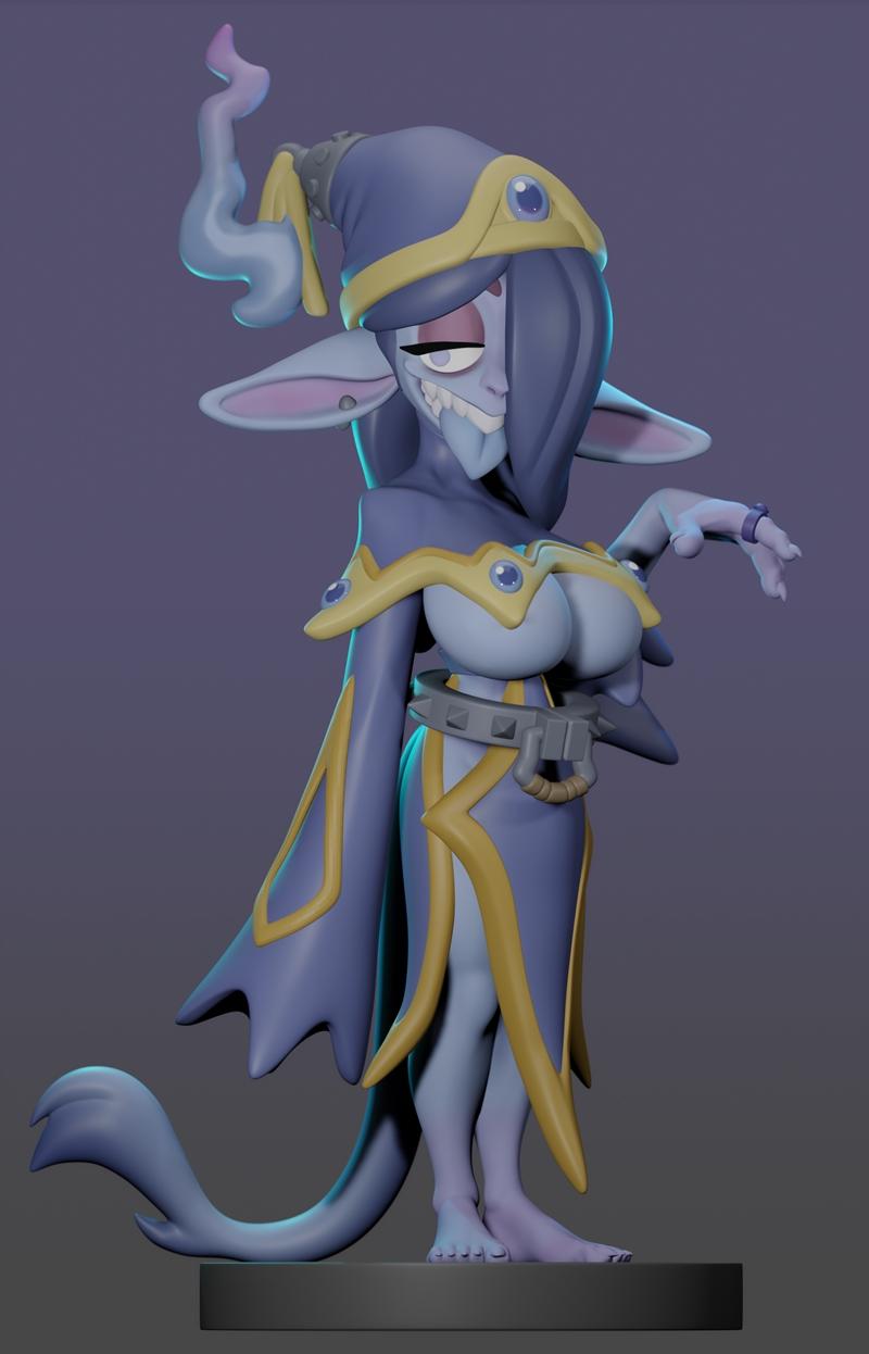 3D model of a blue-skinned female goblin pyromancer with large ears, sharp teeth, and a revealing blue and gold outfi...