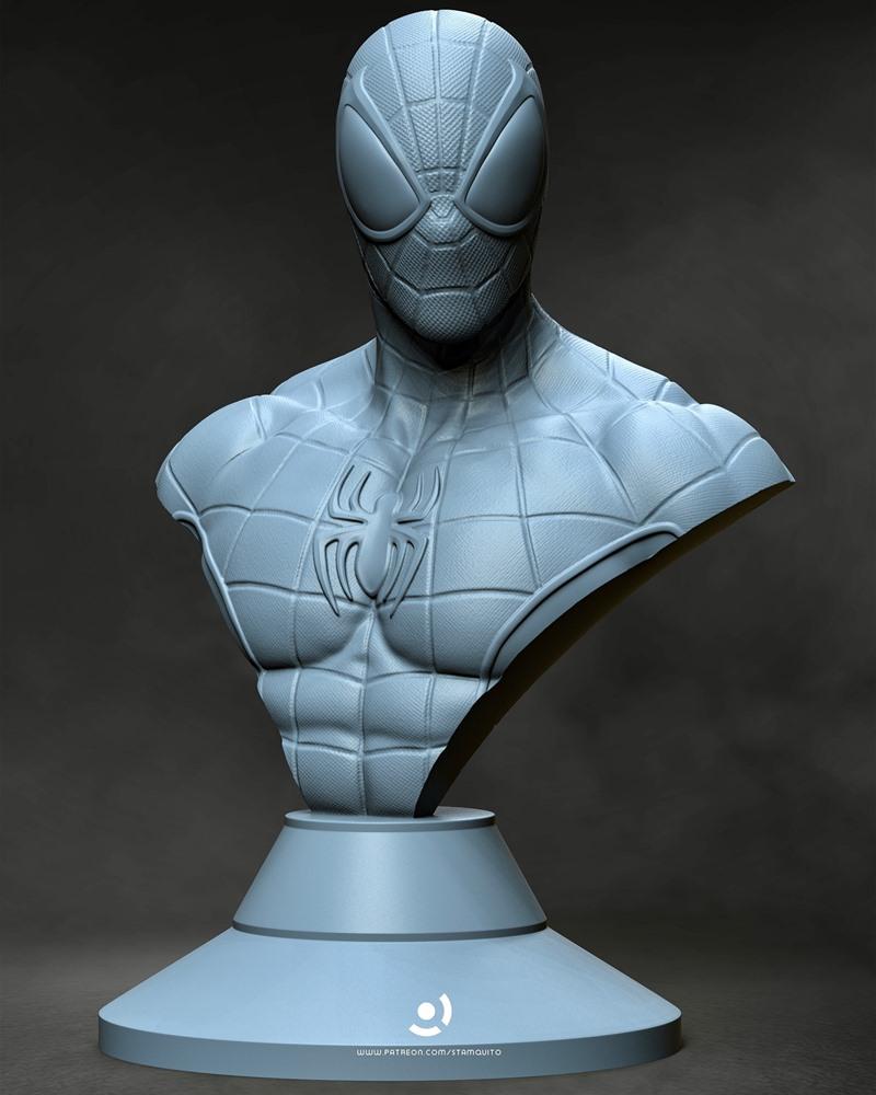 Spiderman bust 3D model by Stalyn Quito, featuring a detailed web pattern suit and iconic mask, displayed on a circul...