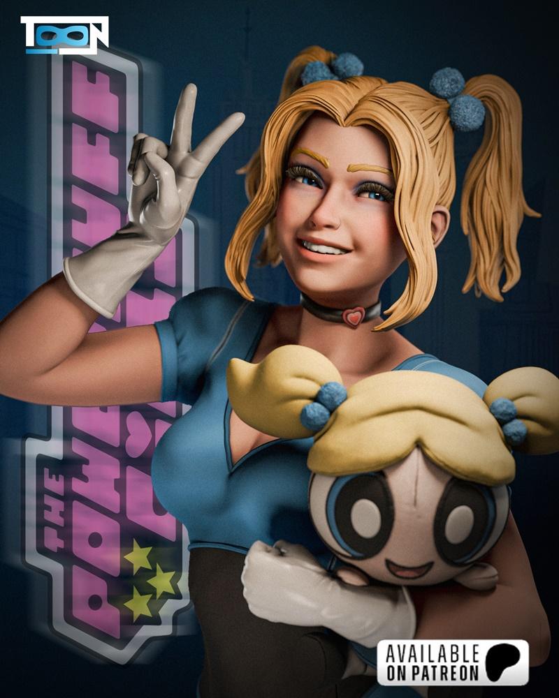 3D model of teenage Bubbles from The Powerpuff Girls, holding a plush toy of her younger self, making a peace sign.
