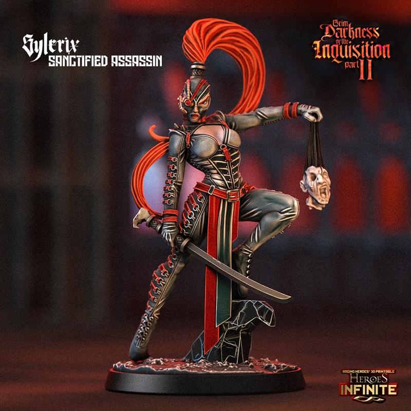 Sanctified Assassin 3D model by Sylerix, holding a severed head and katana, wearing dark armor and a mask, with a red...
