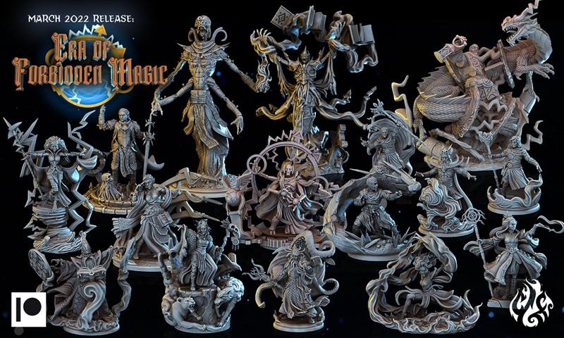 Collection of fantasy 3D printable miniatures from Crippled God Foundry's 'Era of Forbidden Magic' release, featuring...