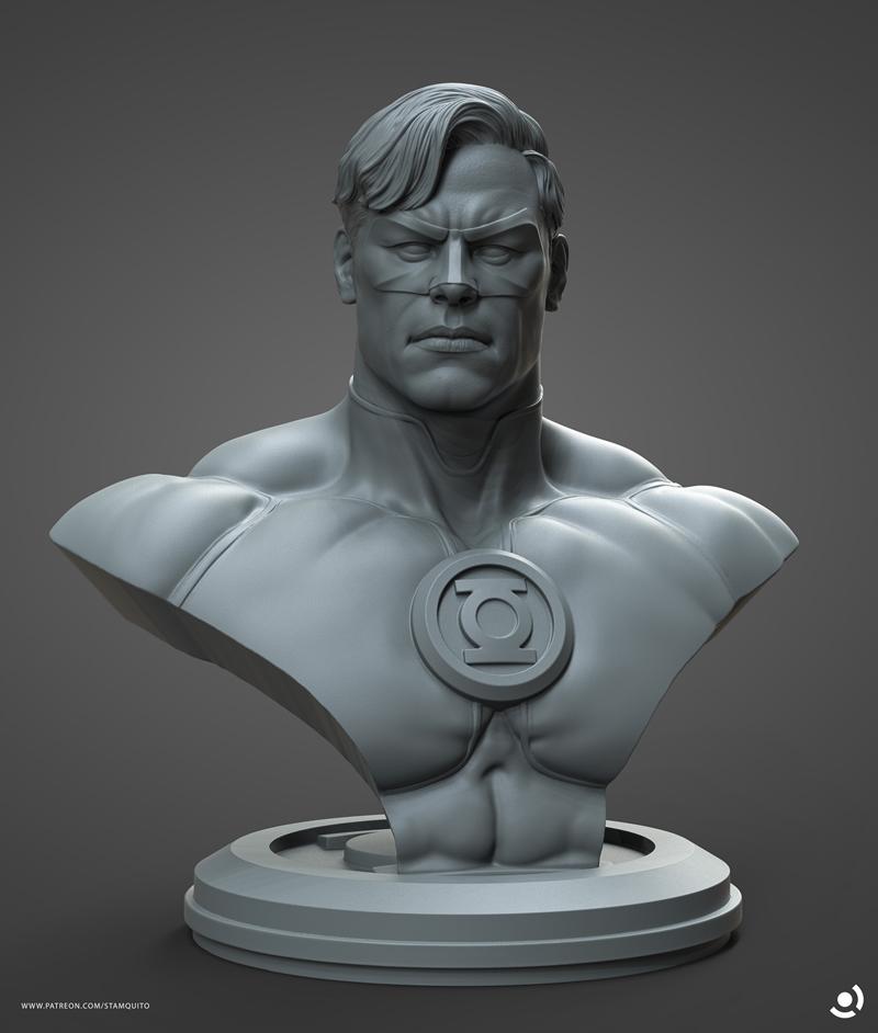 3D printable bust of Green Lantern by Stayln Quitto, featuring the character's determined face and chest emblem on a...