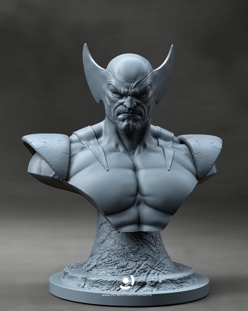 Stalyn Quito's 3D model bust of Wolverine, featuring a muscular chest, fierce facial expression, and iconic mask with...