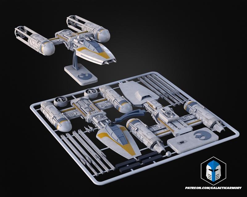 3D model of a Y-Wing starfighter in kit card format, with assembled model on display stand. Rebel Alliance insignia v...