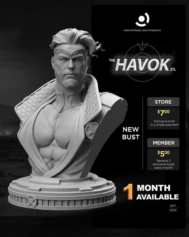3D printable bust of the X-Men character Havok, sculpted by Stayln Quitto. Features detailed costume, heroic pose, an...