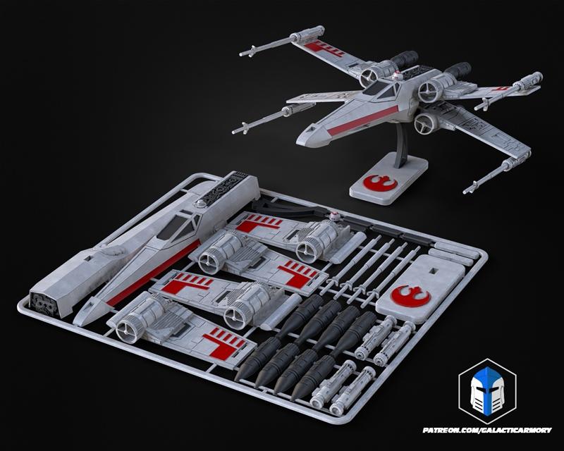 3D printable X-Wing starfighter model kit on a sprue, with a completed model on a display stand. Includes Rebel Allia...
