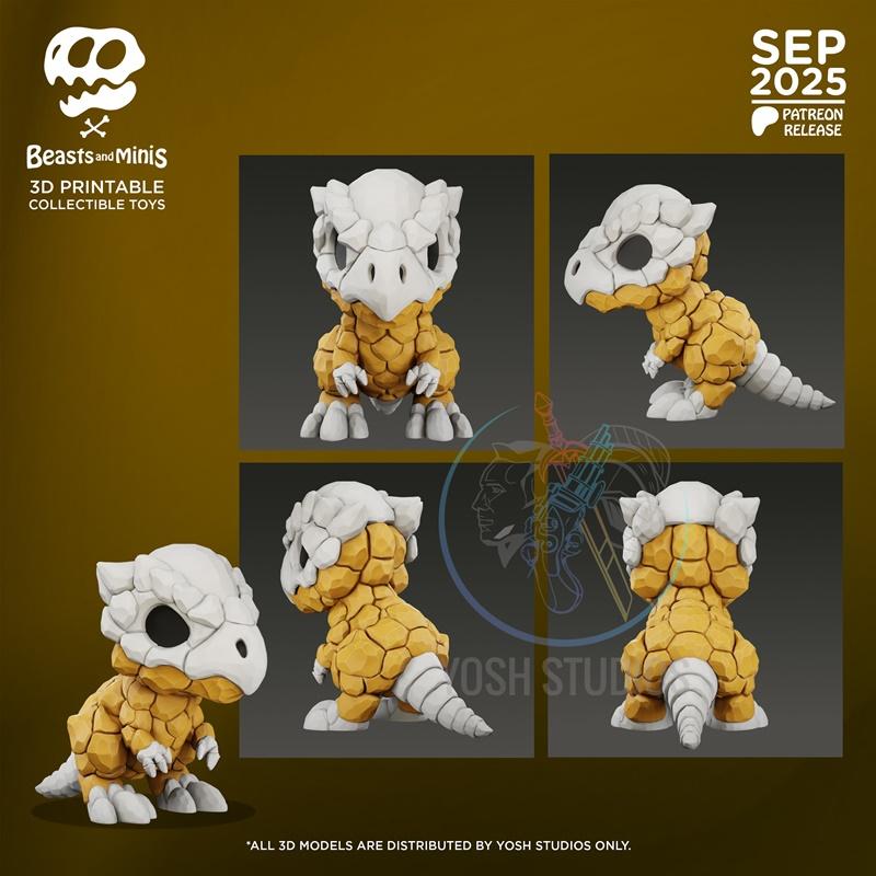 3D model of Cubone from Pokémon, depicted as a small, bipedal creature with a bone helmet and textured yellow body, s...