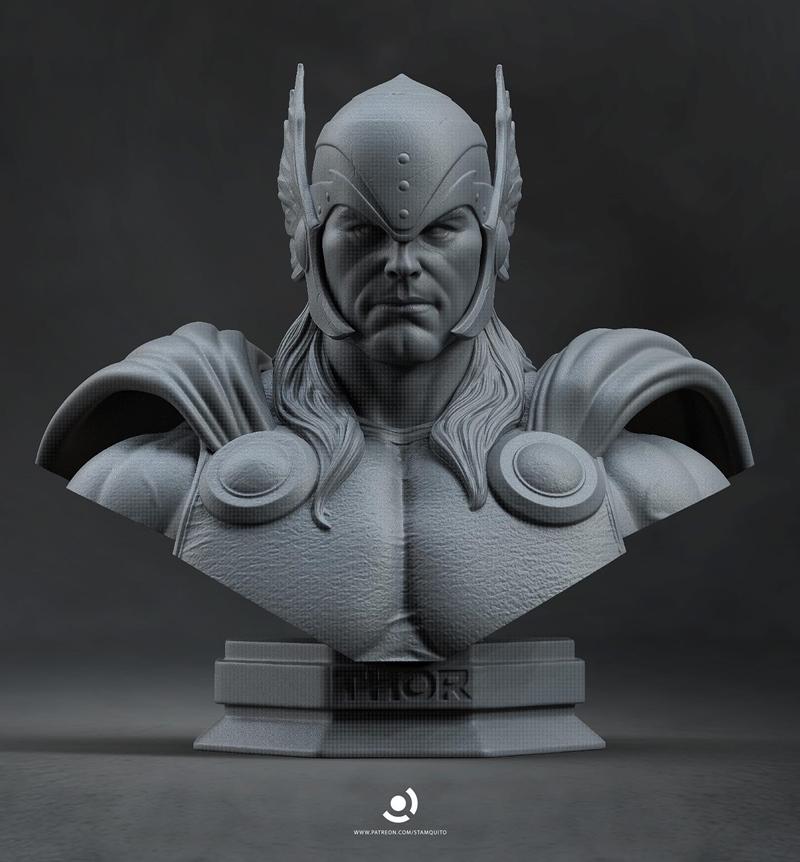 Stalyn Quito 3D model bust of Thor, featuring his winged helmet, cape, and muscular chest, with 'THOR' inscribed on t...