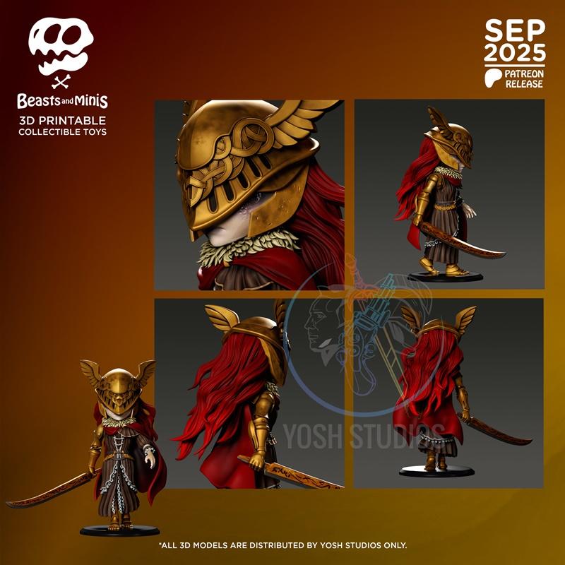 Chibi-style 3D model of Malenia from Elden Ring, featuring a golden helmet, red hair, ornate armor, and a katana. Mul...