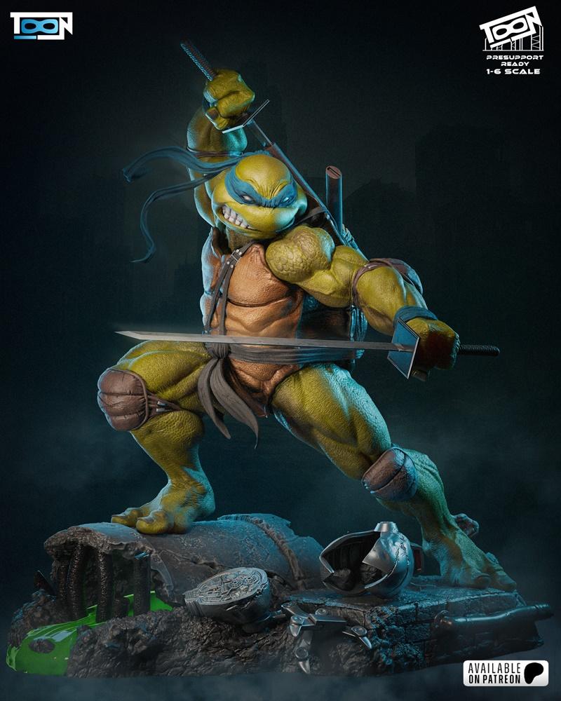 Leo, the blue-masked ninja turtle from Teenage Mutant Ninja Turtles, in a 1:6 scale 3D model. He is in a dynamic comb...