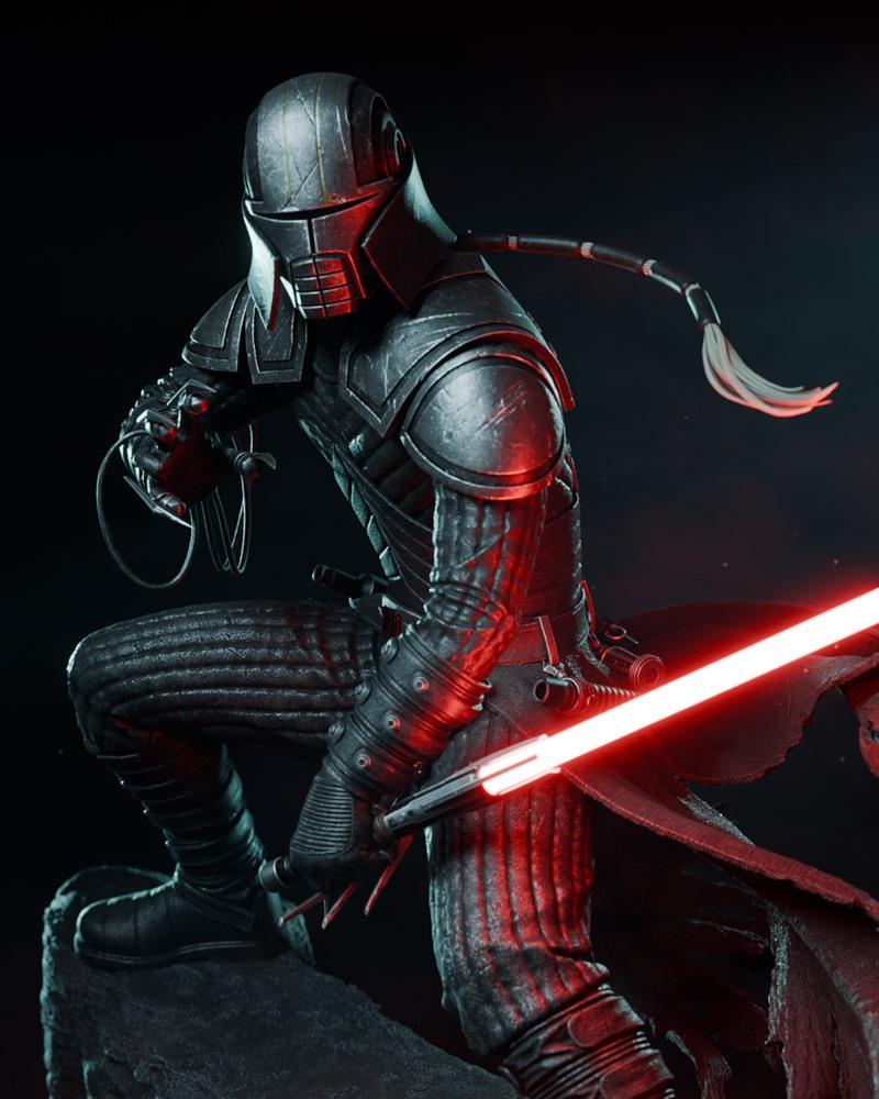 Starkiller figure in dark armor, crouching with a red lightsaber, CA 3D Studios 3D model.