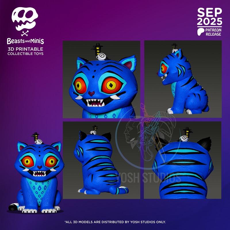 Stylized blue tiger miniature with black and cyan stripes, large expressive eyes, and sharp teeth, wearing a small cr...