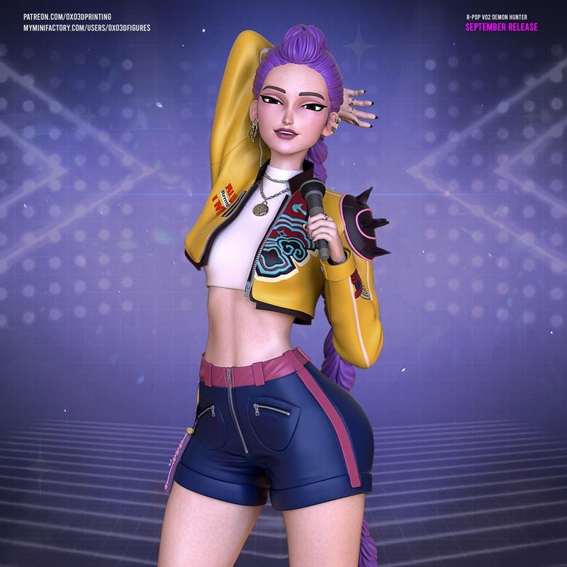 3D model figure of Rumi, a K-pop demon hunter, holding a microphone. She wears a yellow jacket, white crop top, and b...
