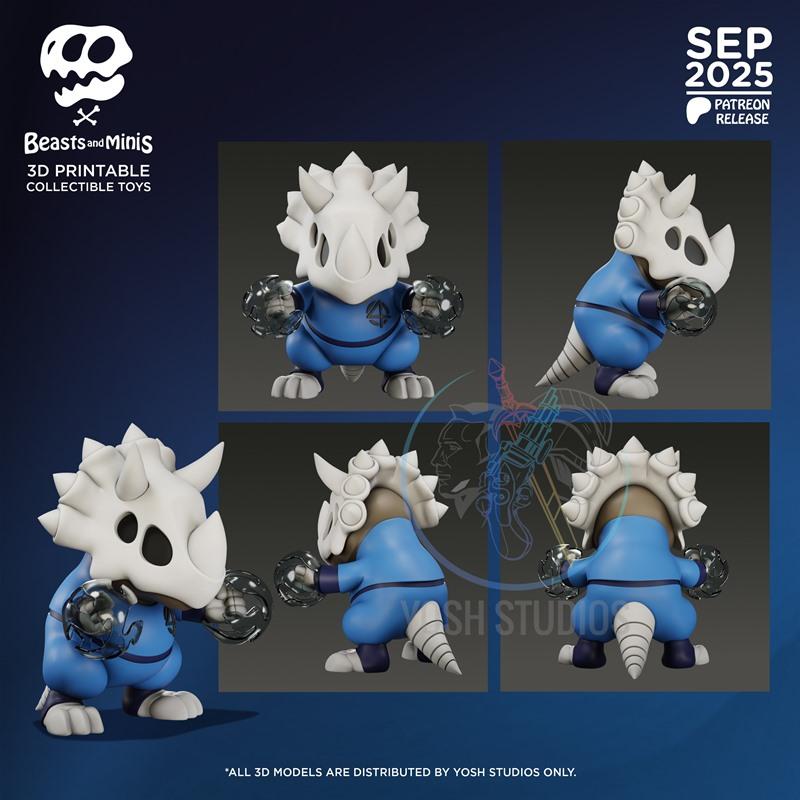 Chibi dinosaur figure in blue Fantastic Four suit, white skeletal head, holding energy spheres. Multiple views shown.