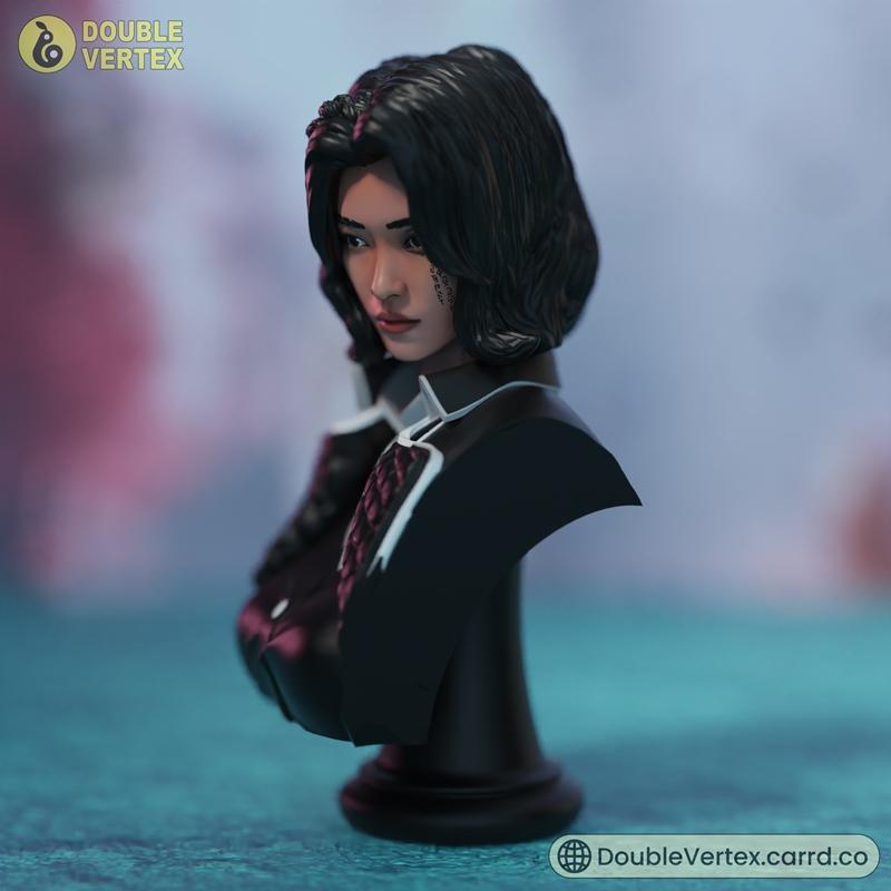 Bust of a young woman with dark hair and facial tattoos, wearing a black outfit with textured shoulders. Double Verte...