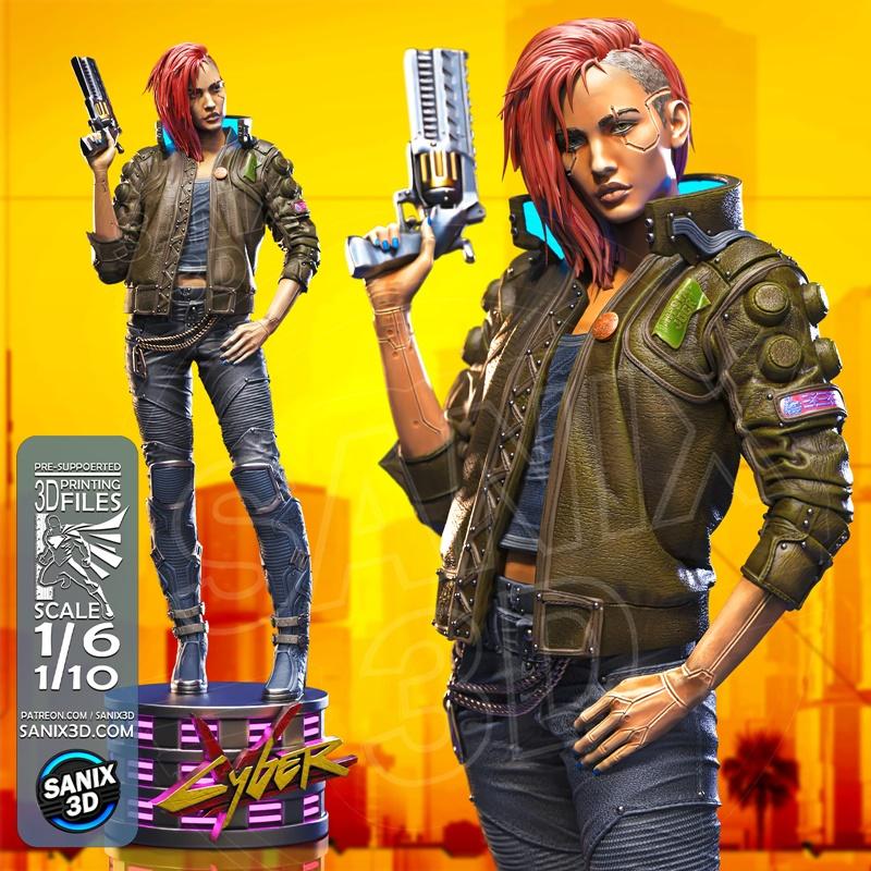 Female character V from Cyberpunk 2077 holding a pistol, wearing a leather jacket and tactical pants, with cybernetic...