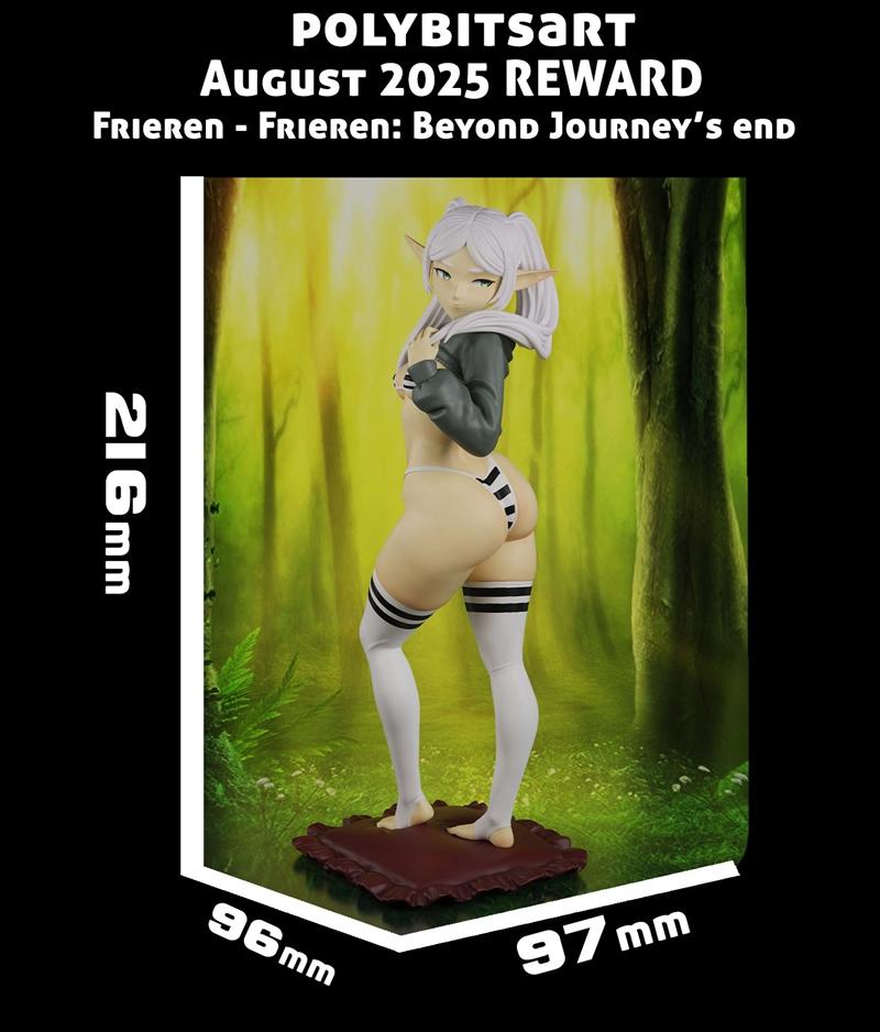 Frieren anime character 3D model, standing in a forest setting. She has white hair, elf ears, and wears a grey croppe...