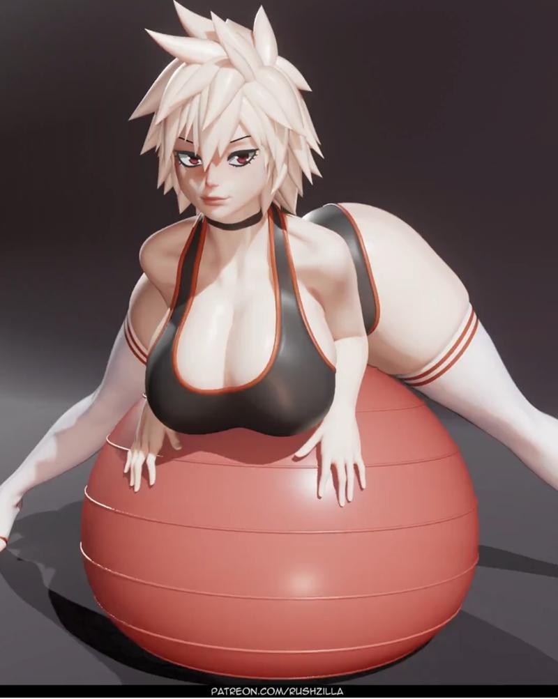 3D model of a female character with spiky blonde hair and red eyes, wearing a black and orange athletic top and white...