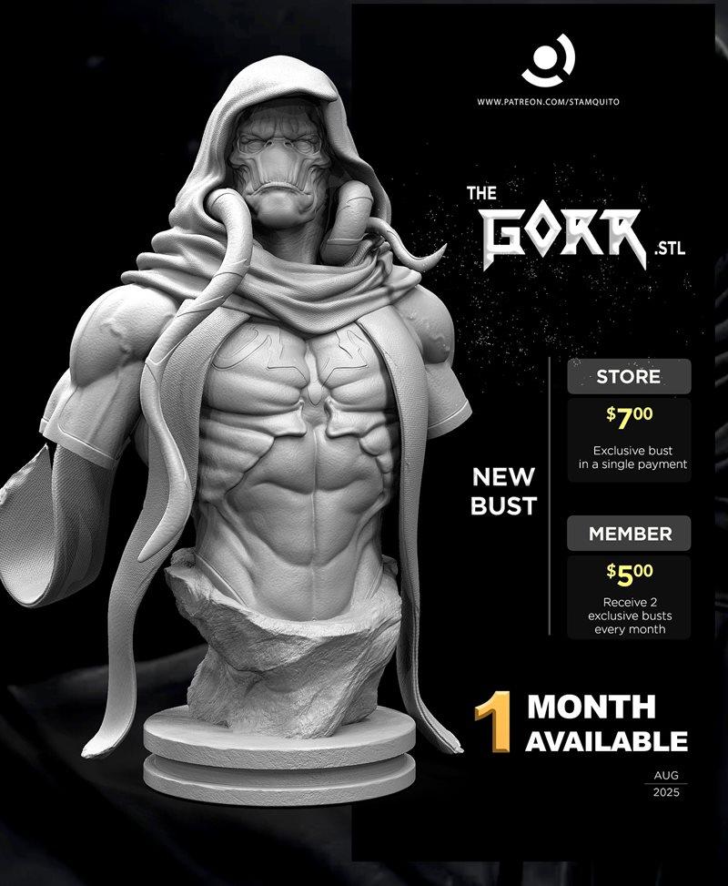 Stalyn Quito's 3D printable bust of Gorr, the God Butcher, from Marvel Comics. The figure is hooded, muscular, with a...