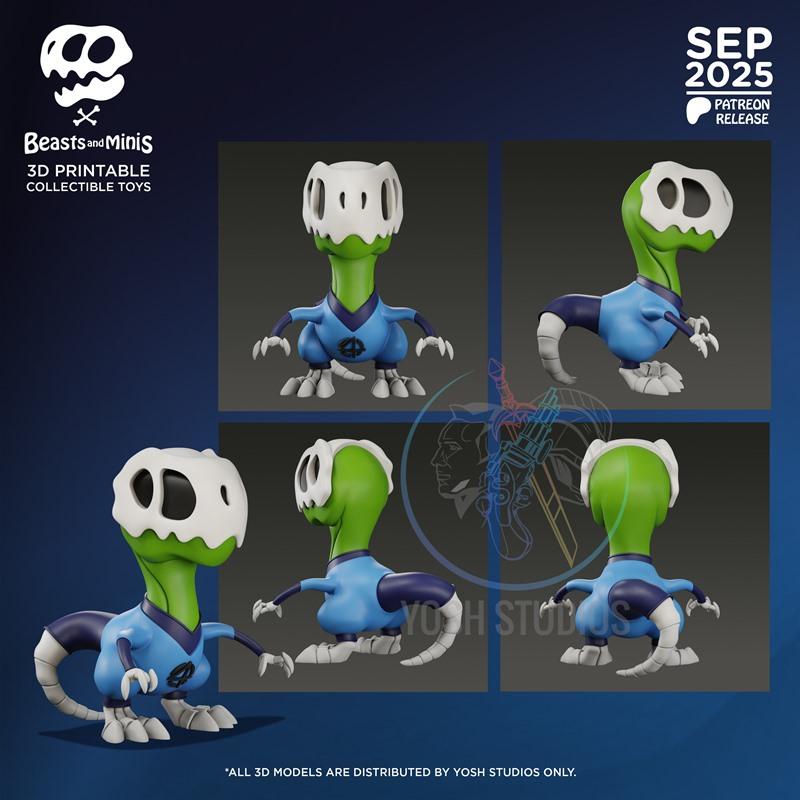 Stylized dinosaur figure with a white skull mask and a blue Fantastic Four shirt, shown from multiple angles. Model b...