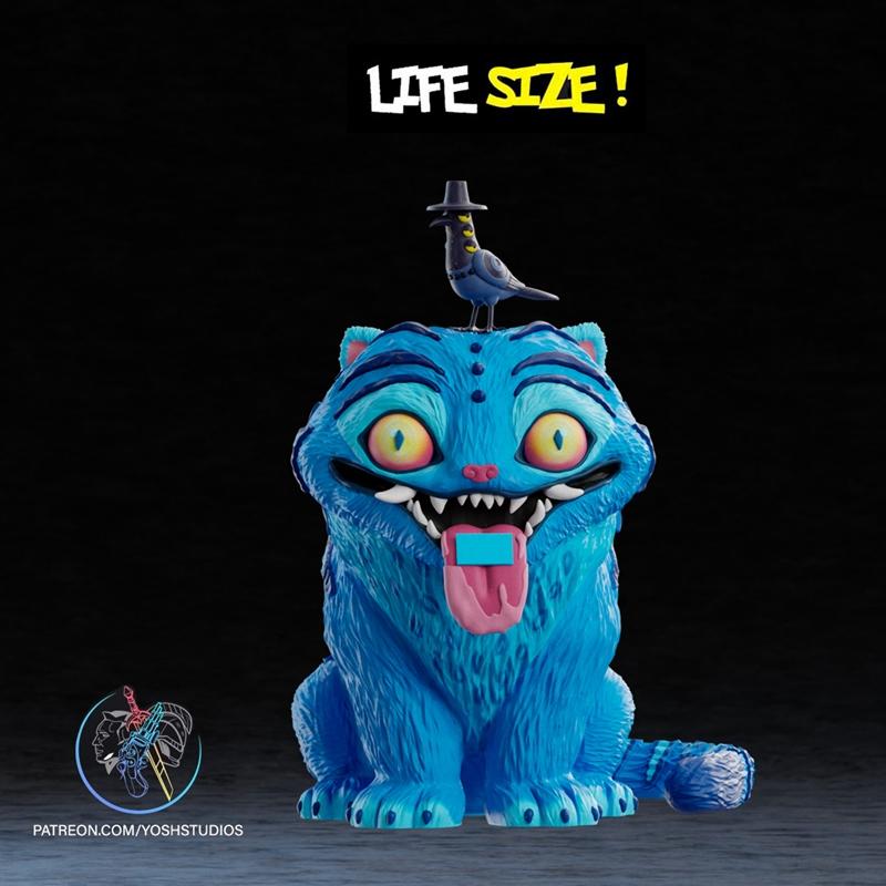 Bright blue cartoon tiger figure with wide yellow eyes, sharp teeth, and pink tongue out, wearing a small hat on its...