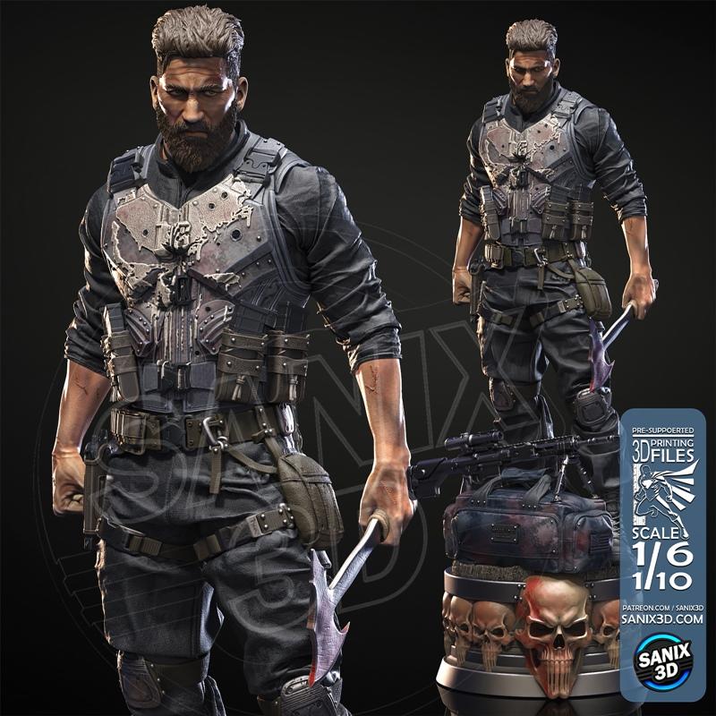 The Punisher 3D model figure, wearing tactical gear and a skull emblem chest plate, holding a bladed weapon. A second...