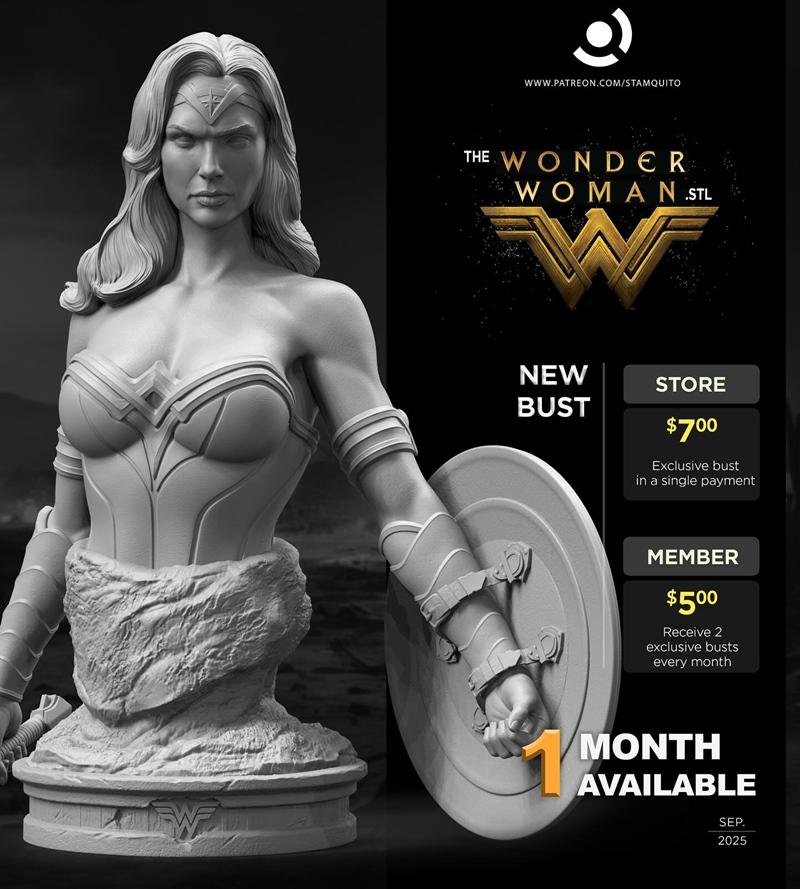 Stalyn Quito 3D model bust of Wonder Woman, featuring her iconic armor, tiara, and shield, with a determined expression.